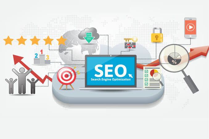 Search engine optimization UAE — laptop showing SEO dashboard with global keyword reach, ratings and analytics for Dubai businesses